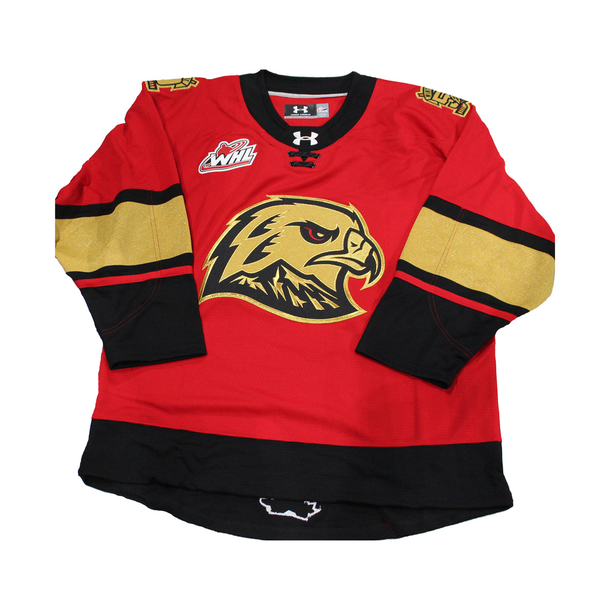 Red hockey jersey with a logo on a white background